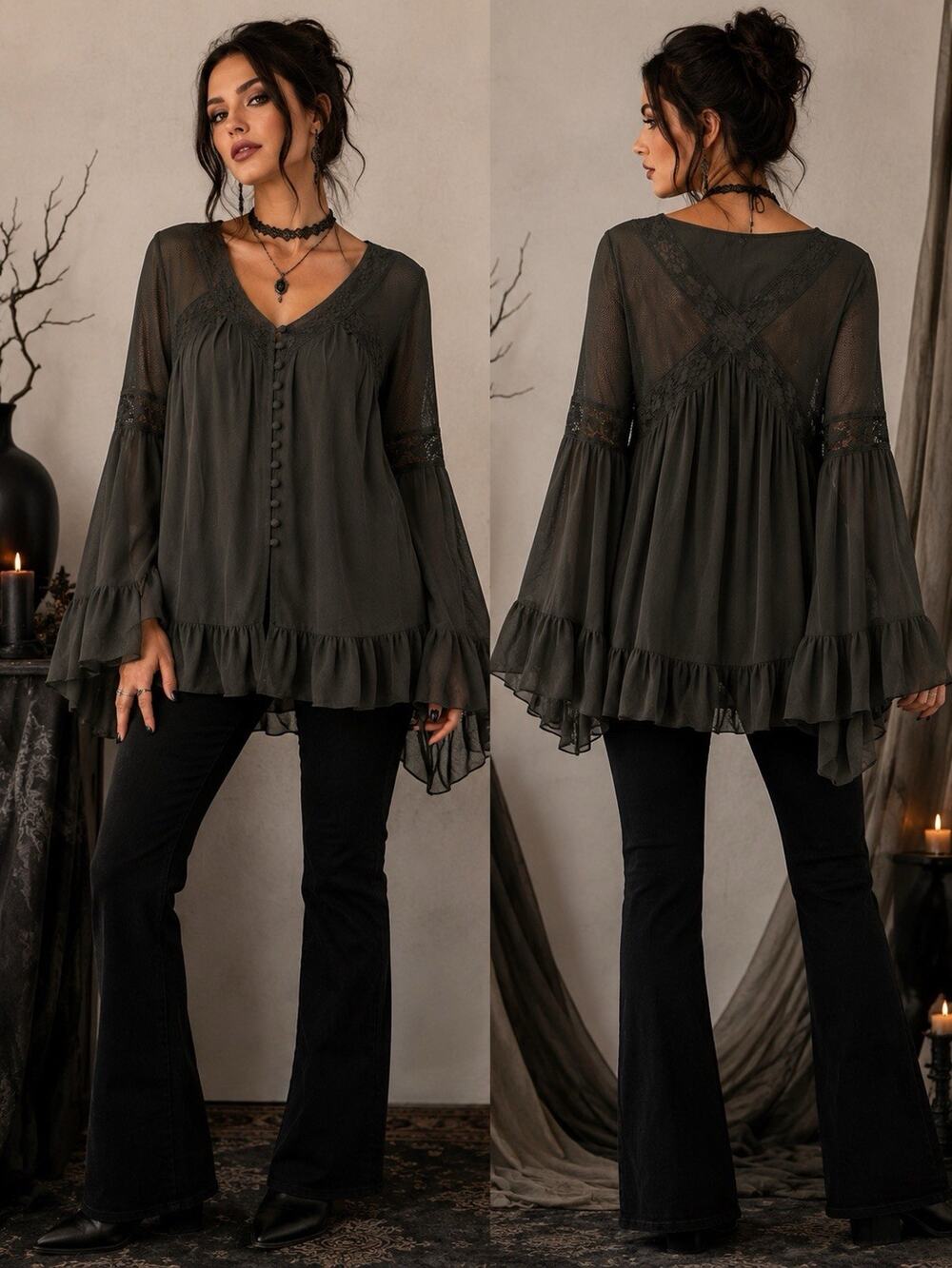 Gimmicks Flowy Blouse Black Long Bell Sleeve Size Small Sheer Lace Goth Witchy